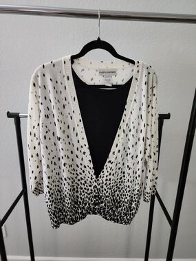 Cathy Daniels Black and White Speckle V-Neck Sweater Cardigan